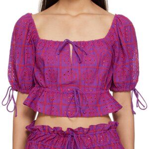 GANNI Cropped Broderie Anglaise Organic Cotton Top Purple Pink M US 6